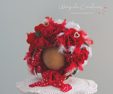 Load image into Gallery viewer, Flower Bonnet for 12-24 Months Old | Red, White Colour | Valentine&#39;s Day Photography Prop | Artificial Flower Headpiece | Feathers