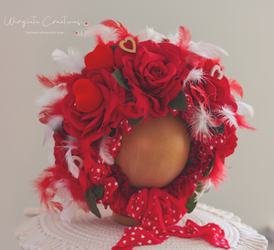 Flower Bonnet for 12-24 Months Old | Red, White Colour | Valentine's Day Photography Prop | Artificial Flower Headpiece | Feathers