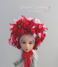 Load image into Gallery viewer, Flower Bonnet for 12-24 Months Old | Red, White Colour | Valentine&#39;s Day Photography Prop | Artificial Flower Headpiece | Feathers