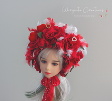 Load image into Gallery viewer, Flower Bonnet for 12-24 Months Old | Red, White Colour | Valentine&#39;s Day Photography Prop | Artificial Flower Headpiece | Feathers