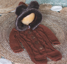 Load image into Gallery viewer, Handmade Dark Brown Hooded Teddy Bear Romper with Faux Fur Decoration | 12-24 Months | Unique Stitch | Perfect for Photography Sessions