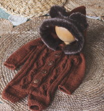 Load image into Gallery viewer, Handmade Dark Brown Hooded Teddy Bear Romper with Faux Fur Decoration | 12-24 Months | Unique Stitch | Perfect for Photography Sessions