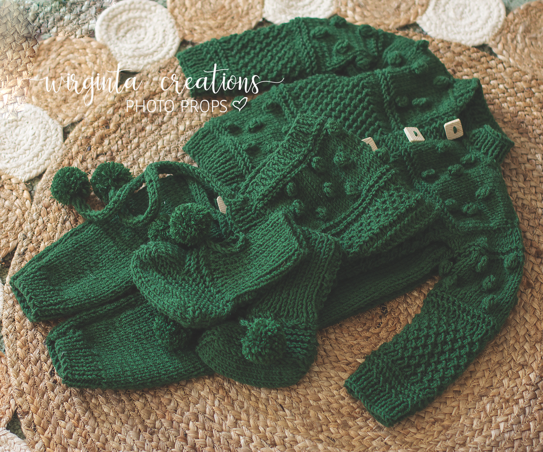 Handmade Four Piece Green Knit Outfit Set for 12-24 Months Old. Photography Prop