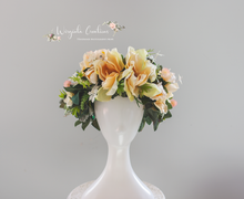 Load image into Gallery viewer, Large headpiece decorated with artificial flowers for adult. Beige, Cream and Green colour. Photography Crown