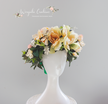 Load image into Gallery viewer, Large headpiece decorated with artificial flowers for adult. Beige, Cream and Green colour. Photography Crown