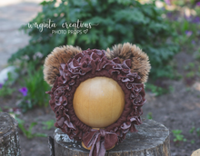 Load image into Gallery viewer, Tattered style teddy bear bonnet for 12-24 months old. Dark Brown. Ready to send photo props
