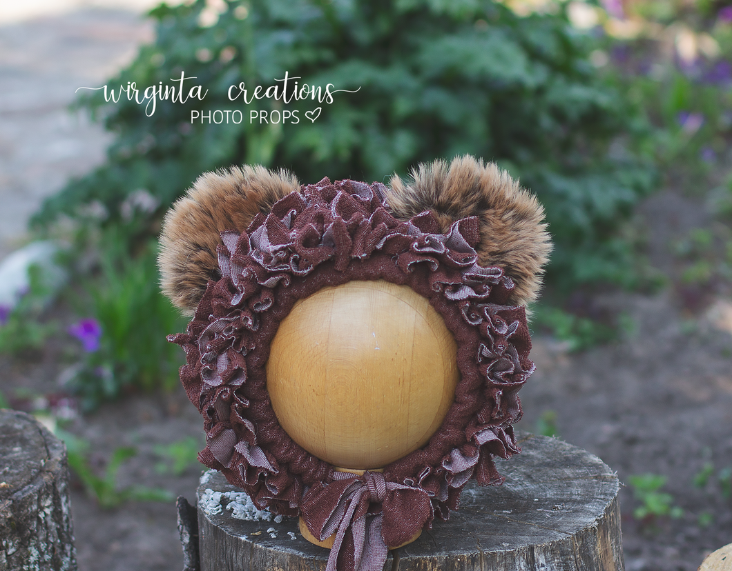 Tattered style teddy bear bonnet for 12-24 months old. Dark Brown. Ready to send photo props