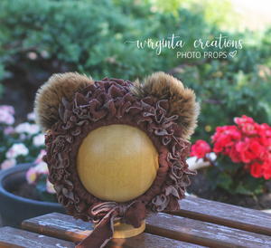 Tattered style teddy bear bonnet for 12-24 months old. Dark Brown. Ready to send photo props