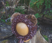Load image into Gallery viewer, Tattered style teddy bear bonnet for 12-24 months old. Dark Brown. Ready to send photo props