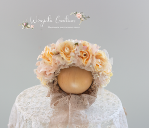 Beige, cream, peach flower bonnet for 0-3 months old, photography prop