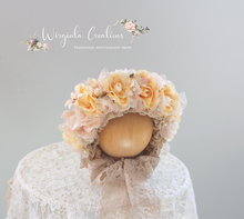 Load image into Gallery viewer, Newborn, 0-3 Months Old Flower Bonnet Photography Prop - Beige, Peach, Cream