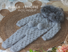 Load image into Gallery viewer, Handmade Grey Bubbly Knit Stitch Footless Hooded Romper with Faux Fur Trim - Eskimo Inspired Outfit for Sitter, 12-24 Months | Photography Prop | Ready to Ship