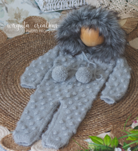 Load image into Gallery viewer, Handmade Grey Bubbly Knit Stitch Footless Hooded Romper with Faux Fur Trim - Eskimo Inspired Outfit for Sitter, 12-24 Months | Photography Prop | Ready to Ship