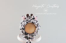 Load image into Gallery viewer, Tattered Handmade Baby Cow&#39;s Bonnet for 12-24 Months Old. Ready to send