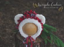 Load image into Gallery viewer, Vintage-inspired Christmas Teddy Bear Bonnet for 12-24 Months Old. Photography Prop