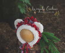 Load image into Gallery viewer, Vintage-inspired Christmas Teddy Bear Bonnet for 12-24 Months Old. Photography Prop