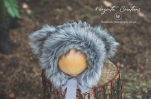Load image into Gallery viewer, Koala bonnet for 12-24 months old. Grey. Tattered style, decorated with faux fur. Ready to send photo prop