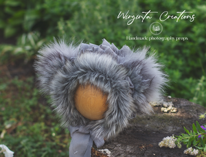 Koala bonnet and matching knitted romper for 18-24 months old. Dark grey. Ready to send photo prop