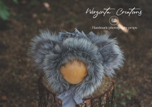 Koala bonnet and matching knitted romper for 18-24 months old. Dark grey. Ready to send photo prop