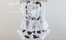 Load image into Gallery viewer, Cow`s outfit for 12-24 months old. Sitter. White and black. Bonnet and matching romper.Ready to send photo prop