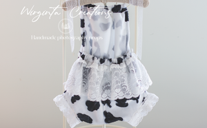 Cow`s outfit for 12-24 months old. Sitter. White and black. Bonnet and matching romper.Ready to send photo prop