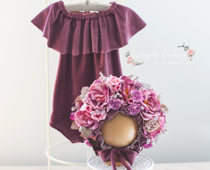 Flower Bonnet and Matching outfit for 12-24 months old. Dark Mauve