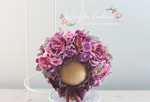 Flower Bonnet and Matching outfit for 12-24 months old. Dark Mauve
