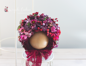 Flower Bonnet for 12-24 months old. Burgundy, Pink