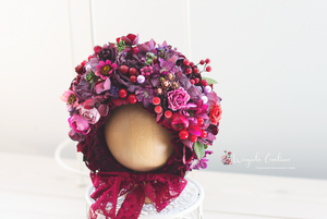 Flower Bonnet for 12-24 months old. Burgundy, Pink