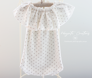 Flower Bonnet and Matching outfit for 12-24 months old. Cream, White. Stars Velvet Fabric. Christmas, Festive