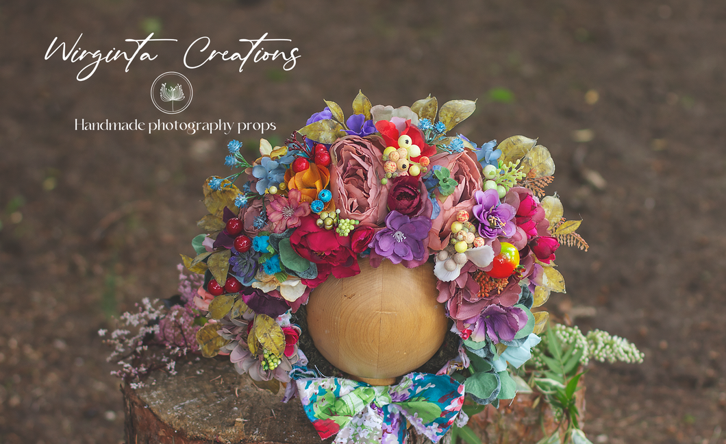 Burnt Orange, Pink, Purple Flower Bonnet for 12-24 Months Old | Photography Prop | Artificial Flower Headpiece