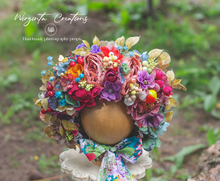 Load image into Gallery viewer, Burnt Orange, Pink, Purple Flower Bonnet for 12-24 Months Old | Photography Prop | Artificial Flower Headpiece