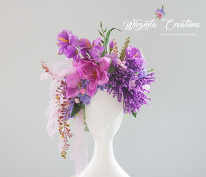 Large cascading headpiece decorated with artificial flowers for adult. Lilac, Purple. Photography Crown