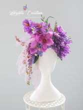 Load image into Gallery viewer, Large cascading headpiece decorated with artificial flowers for adult. Lilac, Purple. Photography Crown