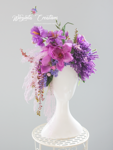 Large cascading headpiece decorated with artificial flowers for adult. Lilac, Purple. Photography Crown
