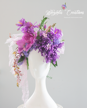 Load image into Gallery viewer, Large cascading headpiece decorated with artificial flowers for adult. Lilac, Purple. Photography Crown