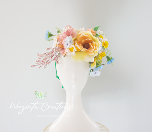 Cream, Yellow, Light Blue Magnolia Headpiece | Photography Crown | Artificial Flowers for Adults