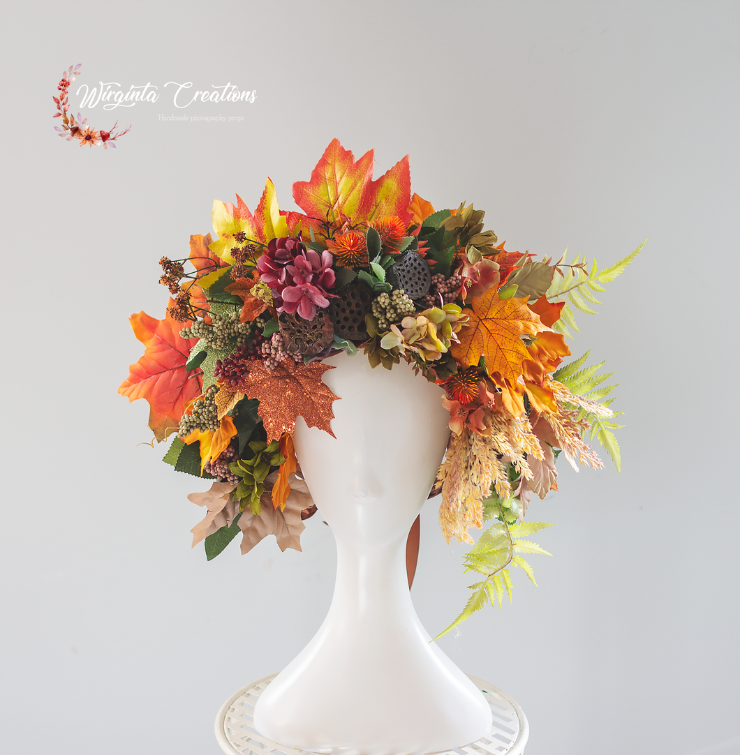 Large Burnt Orange Autumn Headpiece | Photography Crown | Artificial Flowers for Adults