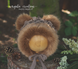 Handmade Tattered Style Teddy Bear Bonnet and Matching Outfit for 12-24 Months Old - Brown