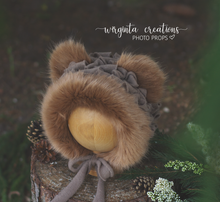 Load image into Gallery viewer, Handmade Tattered Style Teddy Bear Bonnet and Matching Outfit for 12-24 Months Old - Brown