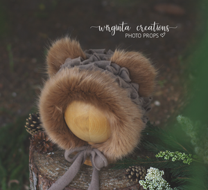 Handmade Tattered Style Teddy Bear Bonnet and Matching Outfit for 12-24 Months Old - Brown