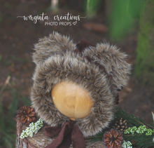 Load image into Gallery viewer, Handmade Tattered Style Teddy Bear Bonnet for 12-24 Months Old - Brown