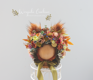 Khaki, Brown Baby Fox Bonnet (6-24 Months) | Woodland Photo Prop