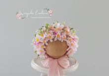 Load image into Gallery viewer, Pink Cherry Blossoms Flower Bonnet for 6-24 Months Old. Photography Headpiece. Ready To Send