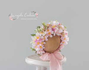 Pink Cherry Blossoms Flower Bonnet for 6-24 Months Old. Photography Headpiece. Ready To Send