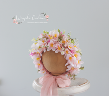 Load image into Gallery viewer, Pink Cherry Blossoms Flower Bonnet for 6-24 Months Old. Photography Headpiece. Ready To Send