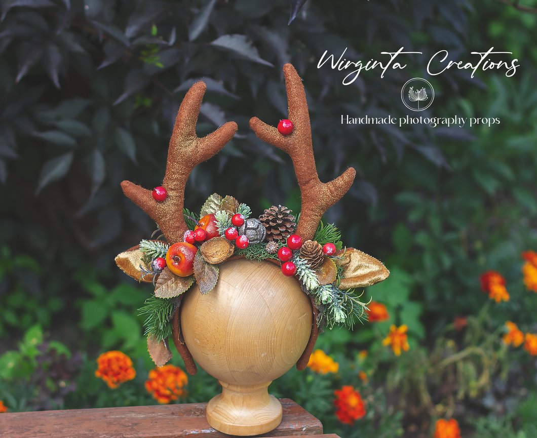 Festive Fawn Antler Headband - Handmade Christmas Photography Headband with Berries & Bits