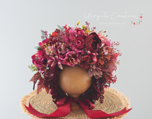 Load image into Gallery viewer, Handmade Flower Bonnet for Babies 12-24 Months |Red, Burgundy | Artificial Flower Headpiece for Photography