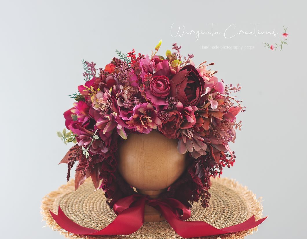 Handmade Flower Bonnet for Babies 12-24 Months |Red, Burgundy | Artificial Flower Headpiece for Photography