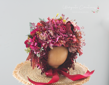 Load image into Gallery viewer, Handmade Flower Bonnet for Babies 12-24 Months |Red, Burgundy | Artificial Flower Headpiece for Photography